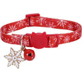 BoomBone snowflake breakaway cat collar front view showcasing red and white nylon pattern.