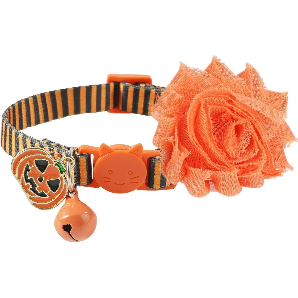 BoomBone fall cat collar front view featuring orange and black stripes