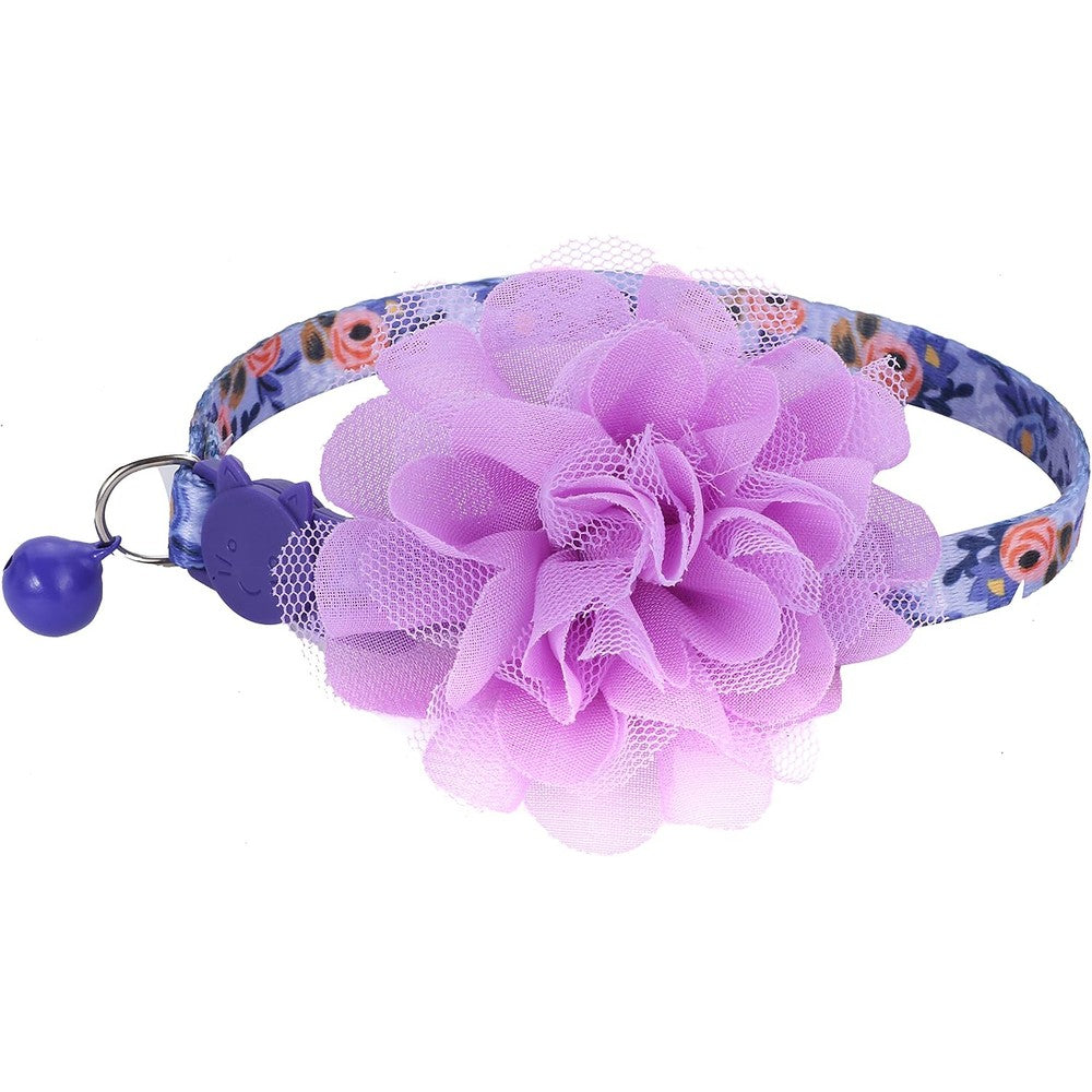 BoomBone floral cat collar front view featuring purple flower charm and bell
