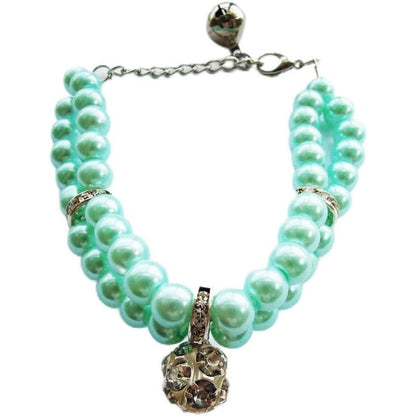 Petfavorites Luxury 2 Row Pearl And Rhinestone Pet Necklace With Crystal Ball Charm For Cats And Small Dogs