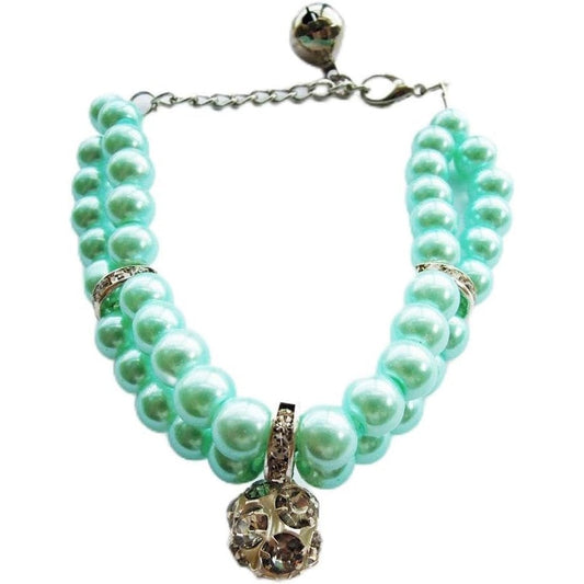 Petfavorites Luxury 2 Row Pearl And Rhinestone Pet Necklace With Crystal Ball Charm For Cats And Small Dogs