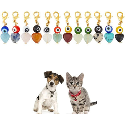 Delorigin Evil Eye Heart Collar Pendants For Cats And Dogs 12 Piece Gemstone Jewelry Charms Set For Pet Collars Keychains And Handbag Decoration
