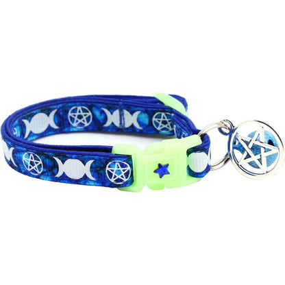 Pugs To Persians Wicca Cat Collar With Occult Charm And Bell Witch Familiar Pentacle Design Glow In The Dark Safety Breakaway Sapphire Small