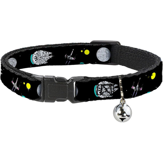 Buckle-Down Star Wars Breakaway Cat Collar With Bell Featuring Death Star Millennium Falcon And X-Wing Fighter Artwork Adjustable 8.5 To 12 Inches ...