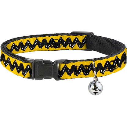 Buckle-Down Peanuts 75th Anniversary Charlie Brown Zig Zag Stripe Breakaway Cat Collar With Bell Yellow And Black 8.5 To 12 Inches 0.5 Inch Wide