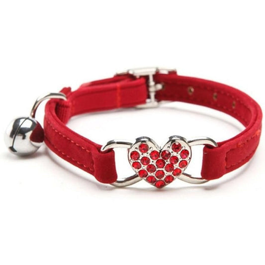 HappyPawsStores Colored Diamonds Cat Collar Elastic Adjustable Velvet Pet Necklace With Crystal Heart Charm And Safety Bell Red