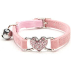 BINGPET Colored Diamonds Cat Collar Adjustable Soft Velvet Bling Rhinestone Heart Charm And Bell Necklace For Kittens And Small Dogs Pink One Size