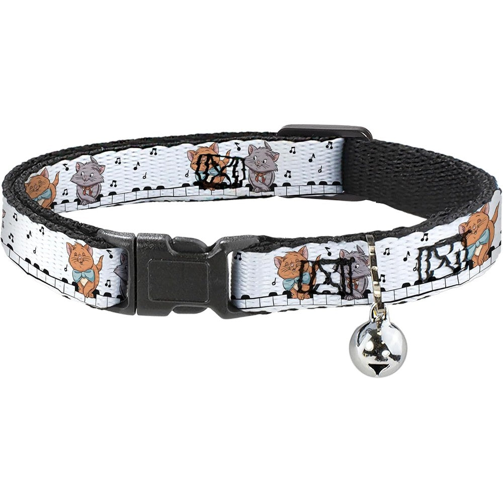 Buckle-Down Disney Breakaway Cat Collar With Bell Aristocats Toulouse And Berlioz Piano Pose And Musical Notes White And Black 8.5 To 12 Inches