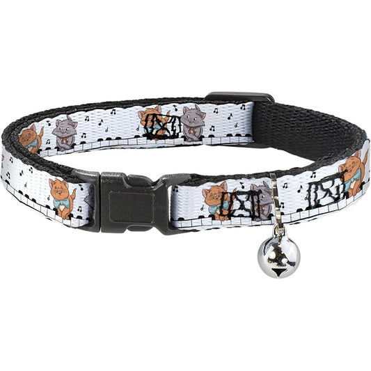 Buckle-Down Disney Breakaway Cat Collar With Bell Aristocats Toulouse And Berlioz Piano Pose And Musical Notes White And Black 8.5 To 12 Inches