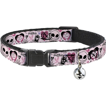 Buckle-Down Disney Breakaway Cat Collar with Bell, Adjustable Plastic Clip, The Nightmare Before Christmas Jack and Sally Doodles Pink, 8.5 to 12 I...