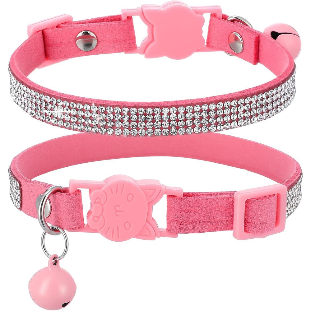 Bremorou Rhinestone Breakaway Cat Collar With Bell Adjustable Soft Velvet Pink Kitten Collar For Girl Cats