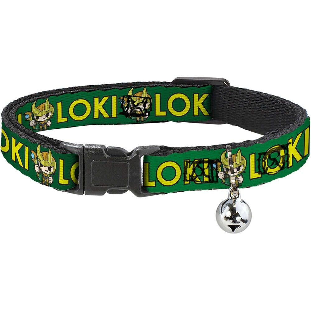 Buckle-Down Marvel Comics Breakaway Cat Collar With Bell Kawaii Loki Standing Pose Adjustable Polyester Pet Collar Eight Point Five To Twelve Inches