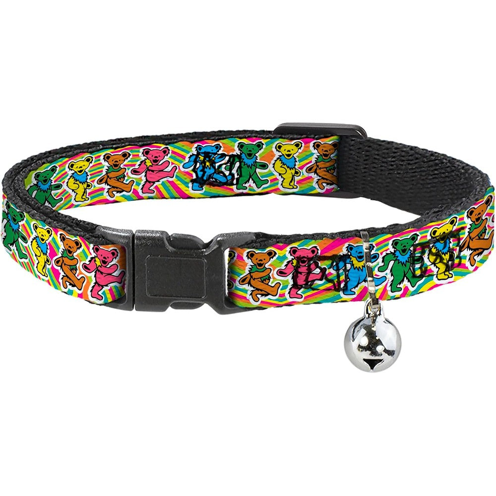 Buckle-Down Grateful Dead Dancing Bears Breakaway Cat Collar With Bell, Premium Multi Color Design, Adjustable 8.5 To 12 Inches Length, 0.5 Inch Width