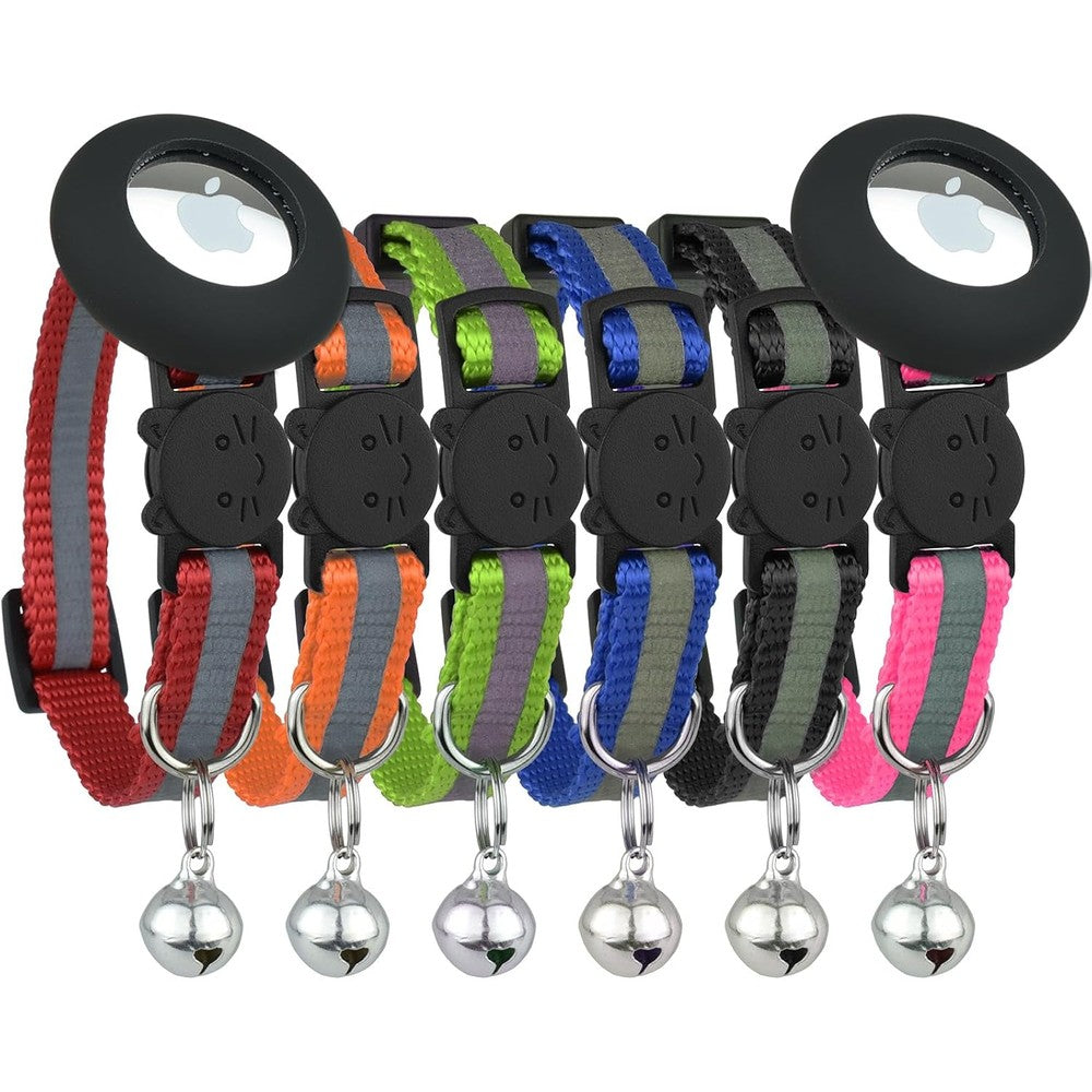 Bemix Pets Reflective Cat Collar With AirTag Holders Set Of 6 With Bells Adjustable Nylon Safety Pet Collars Mixed Colors