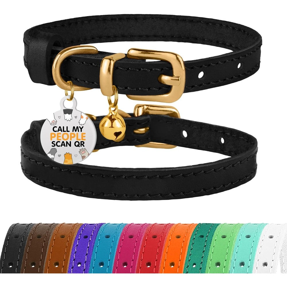 BronzeDog leather cat collar front view showing black and gold design