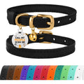 BronzeDog leather cat collar front view showing black and gold design