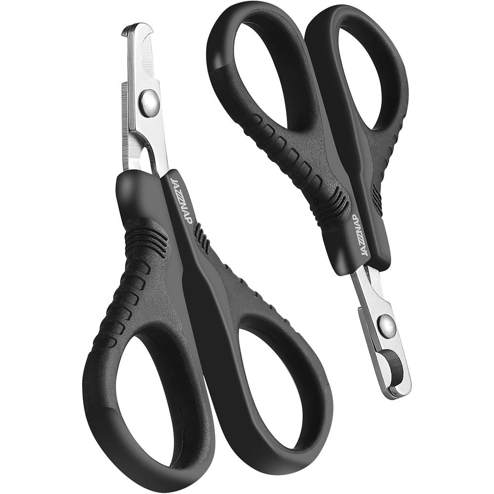 JAZZZNAP cat nail clippers front view showing the sharp stainless steel blades and ergonomic black handle