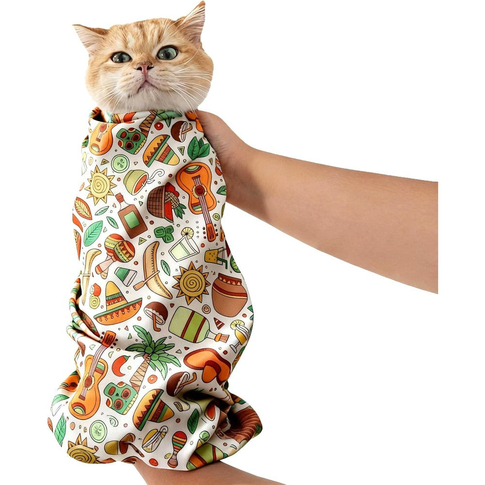 Dvxoc cat grooming wrap front view featuring white guitar pattern