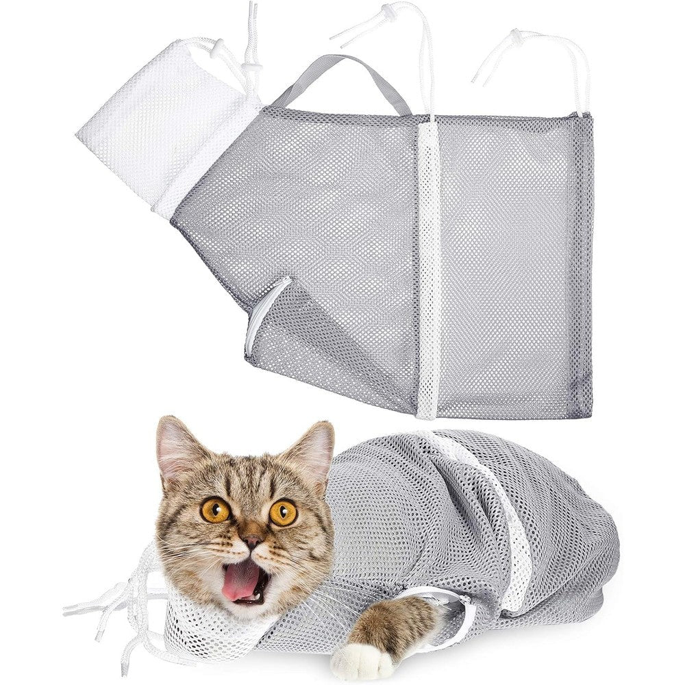Shappy cat shower net bag front view in grey mesh