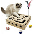 RoadAlchemist cat scratch puzzle enrichment box front view showing the solid wooden maze design for indoor cat play.