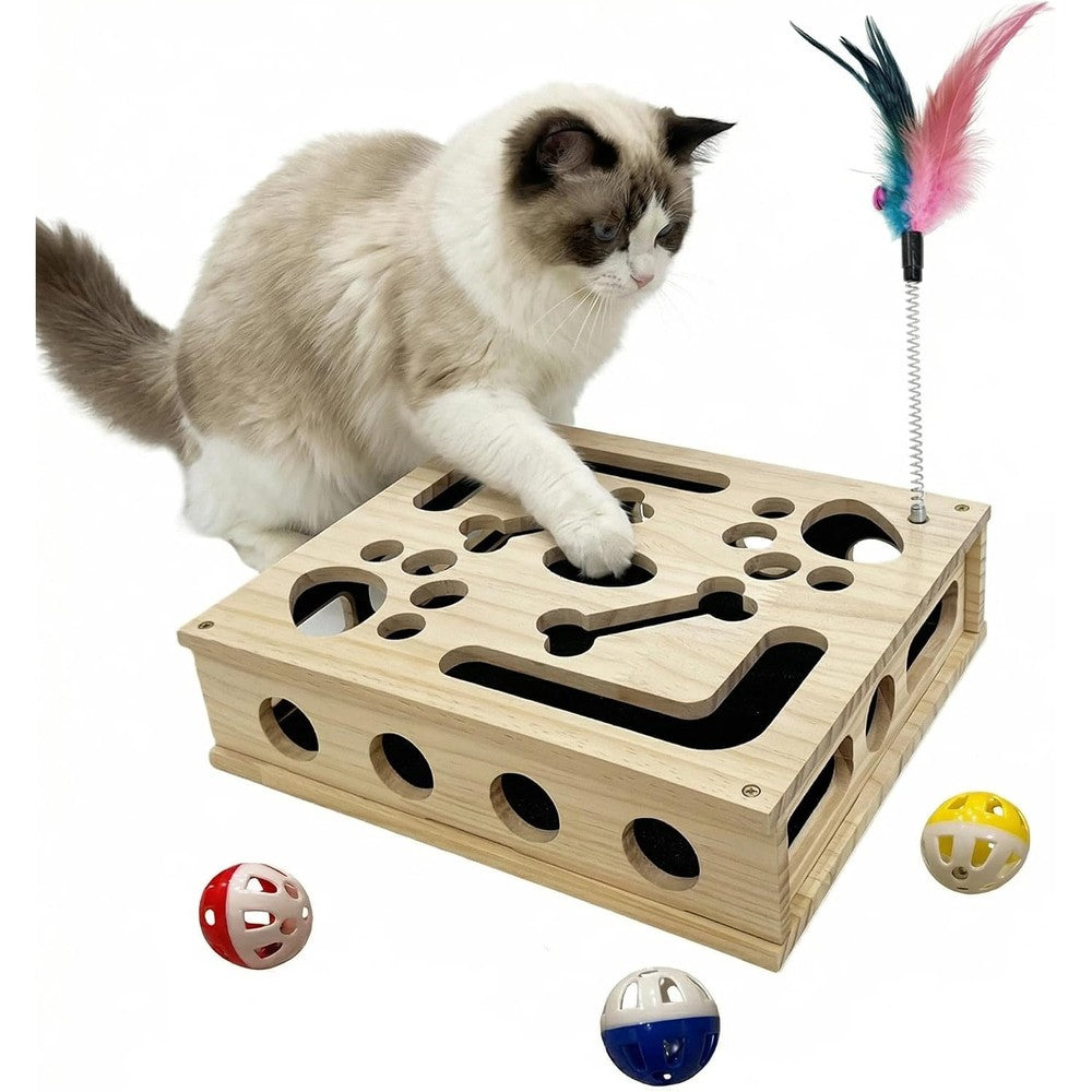 RoadAlchemist cat scratch puzzle enrichment box front view showing the solid wooden maze design for indoor cat play.