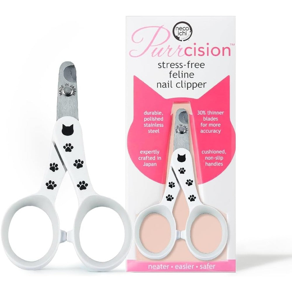 Necoichi Purrcision Feline Nail Clipper front view showing the premium white handle design.