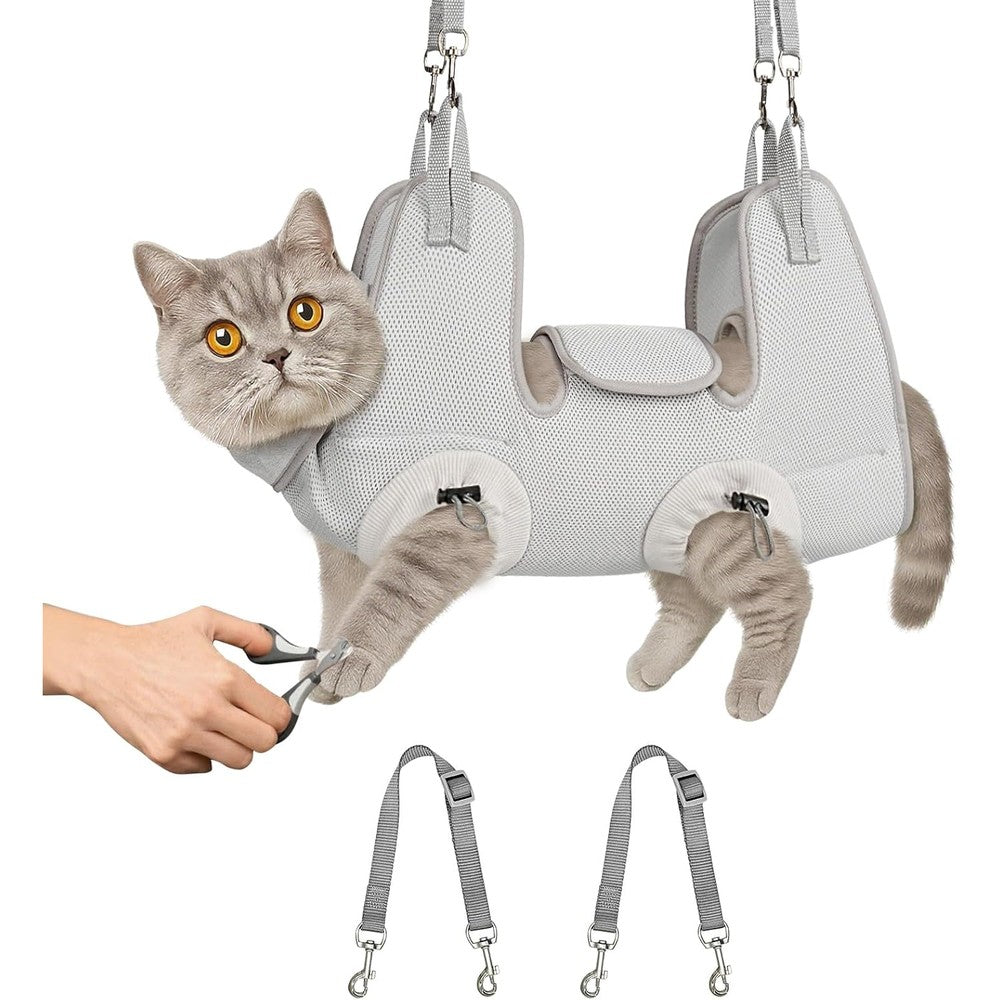 Supet cat grooming hammock harness front view with cat suspended for safe nail trimming
