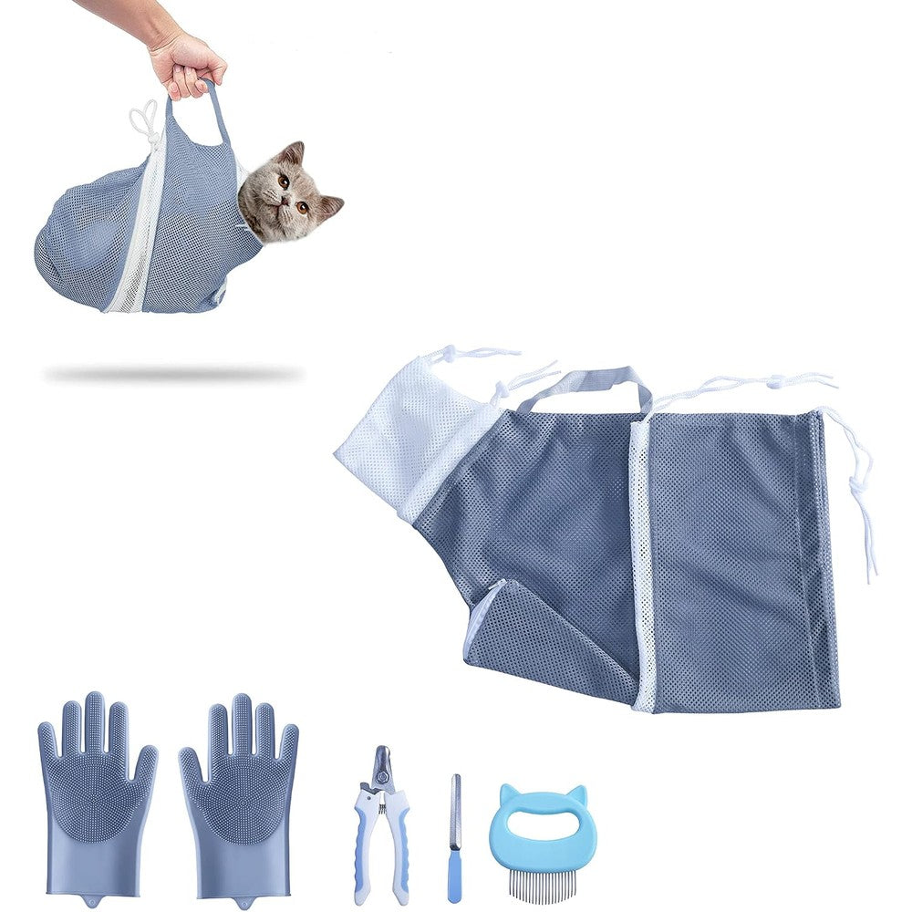 KlerRoem cat bathing bag package front view showing the grey mesh restraint pouch.