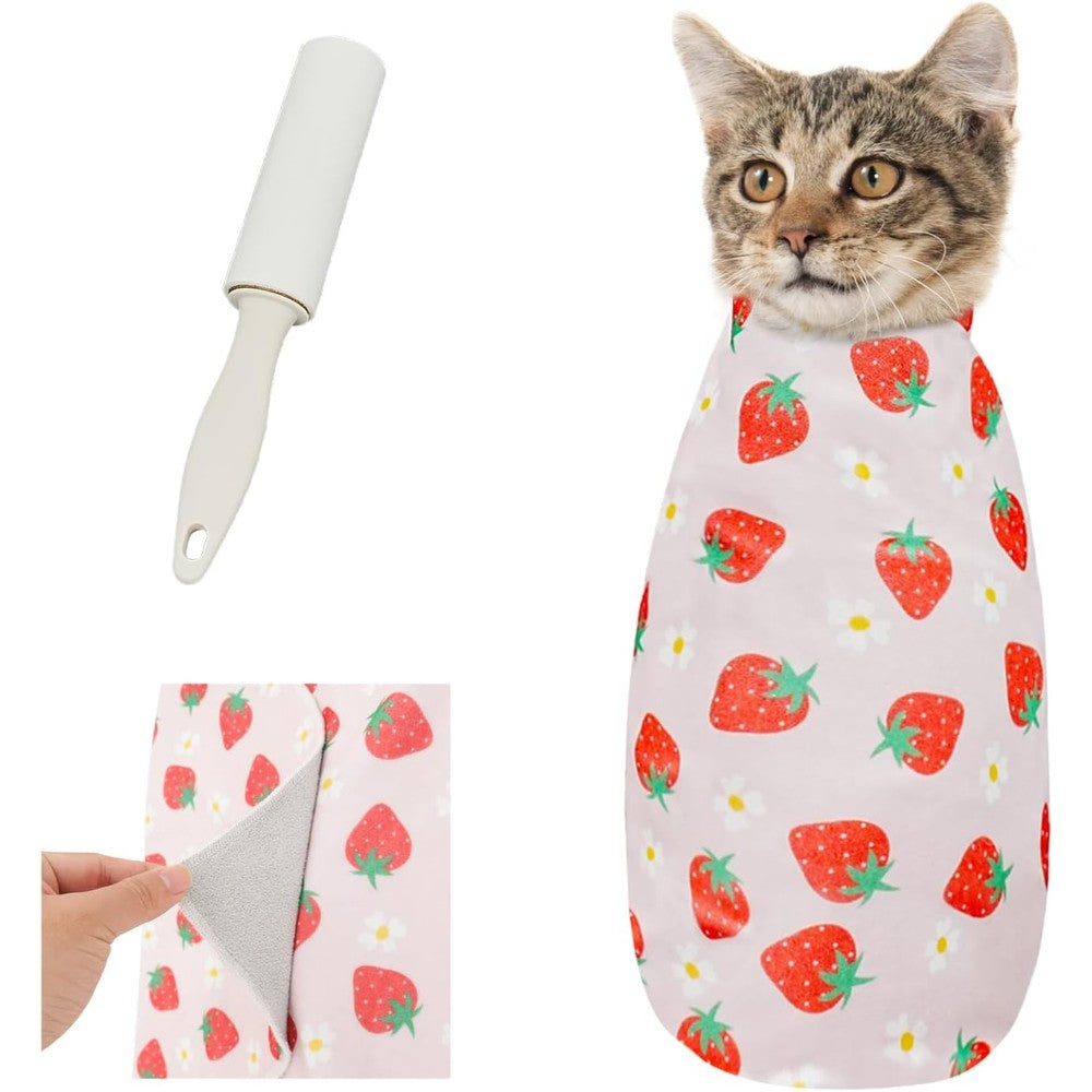 Supet cat grooming wrap front view showing strawberry pattern fabric