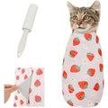 Supet cat grooming wrap front view showing strawberry pattern fabric