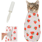 Supet cat grooming wrap front view showing strawberry pattern fabric