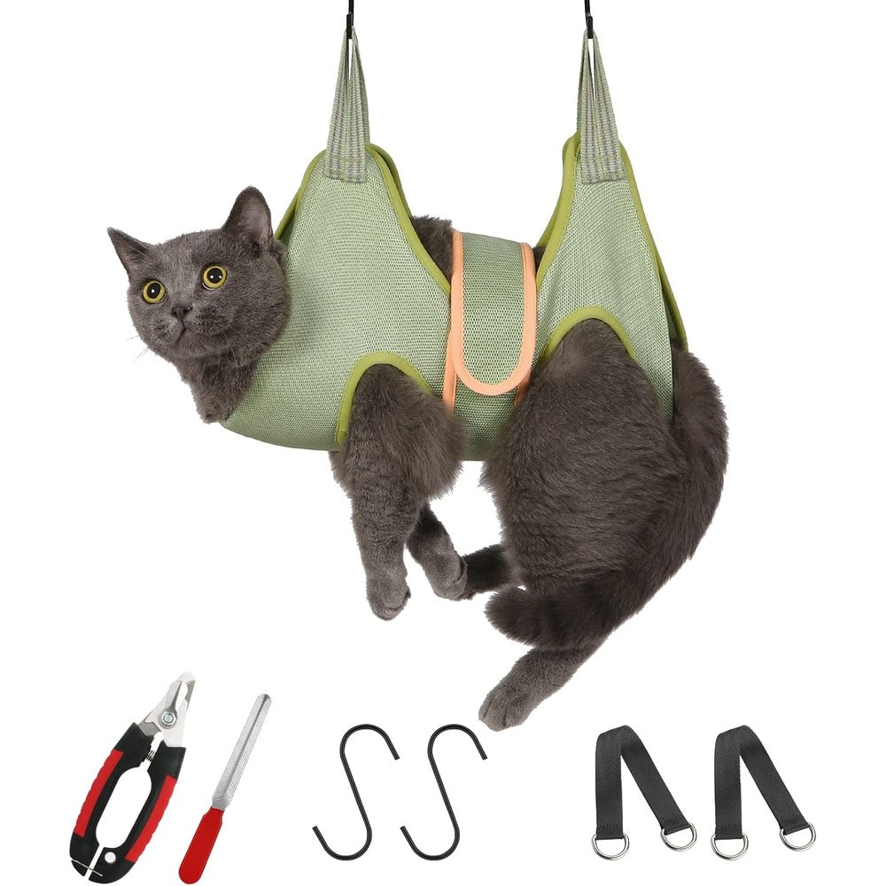 Guzekier Cat Grooming Hammock Harness front view showcasing the light green breathable mesh fabric and four leg openings.