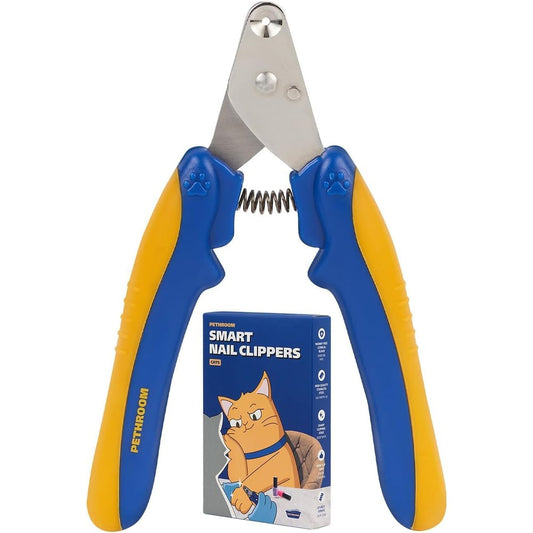 PETHROOM cat nail clipper front view showing premium stainless steel blade