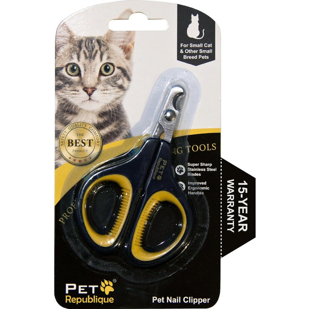 Pet Republique professional cat nail clippers front view showing yellow and black ergonomic handles.