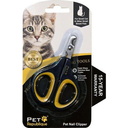 Pet Republique professional cat nail clippers front view showing yellow and black ergonomic handles.