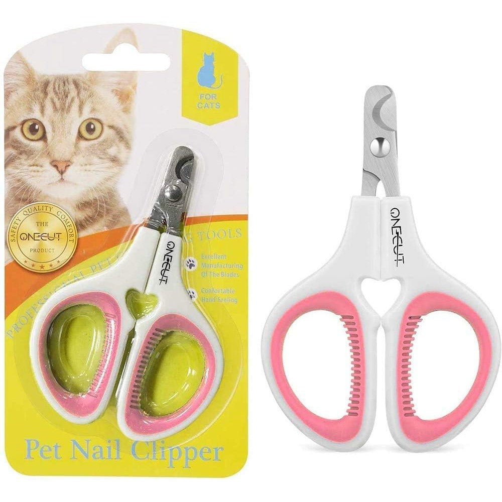 OneCut pet nail clippers front view showing pink rubber-coated handles and stainless steel crescent blades