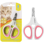 OneCut pet nail clippers front view showing pink rubber-coated handles and stainless steel crescent blades