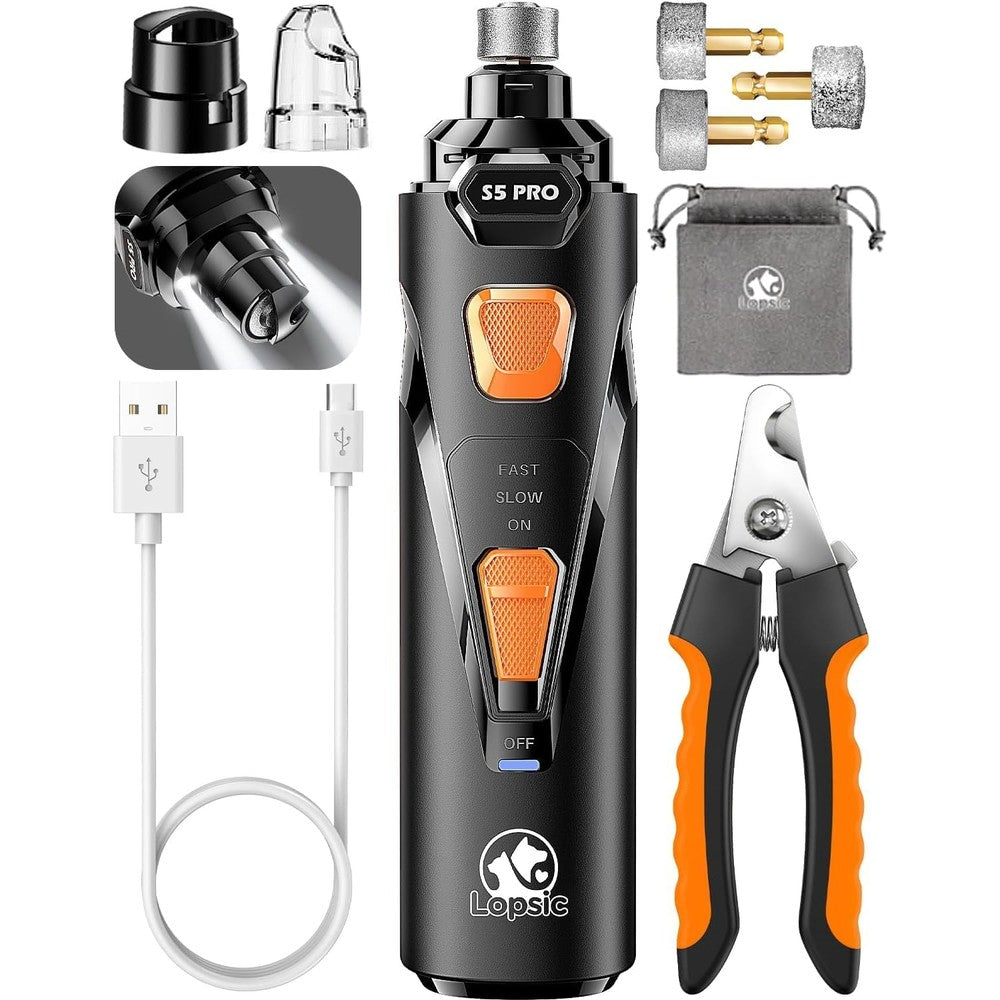 LOPSIC whisper quiet dog nail grinder kit front view showing ergonomic black and orange body.