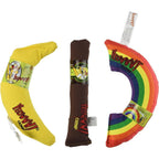Yeowww catnip toy variety pack front view featuring cigar banana and rainbow shapes