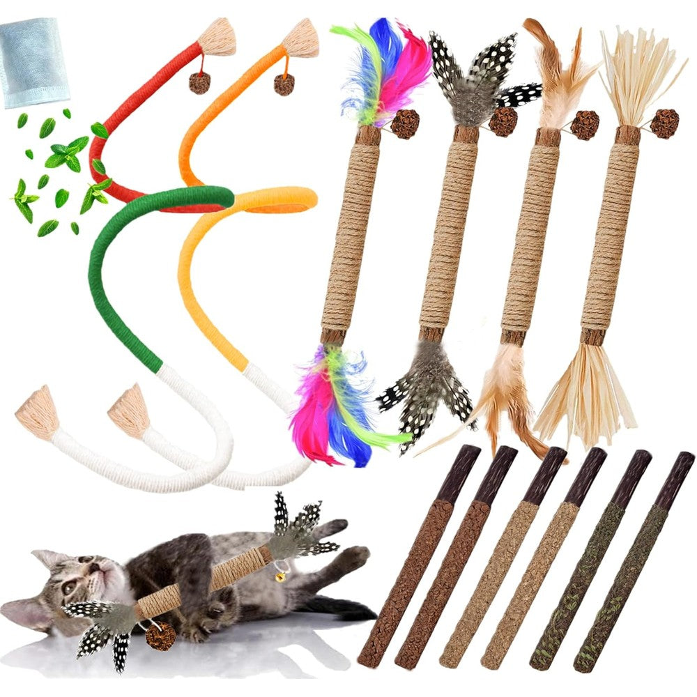 Grembeb 12-piece cat toy set with silvervine sticks and catnip rope