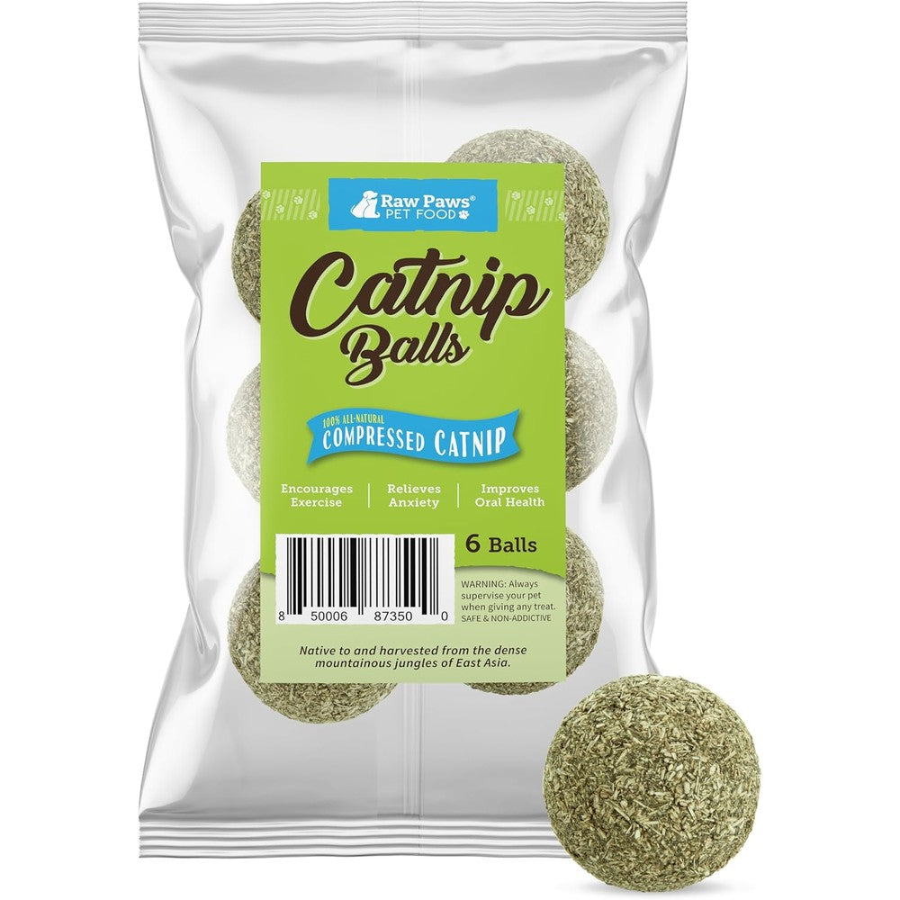 Raw Paws catnip balls front view showing packaging and product design.