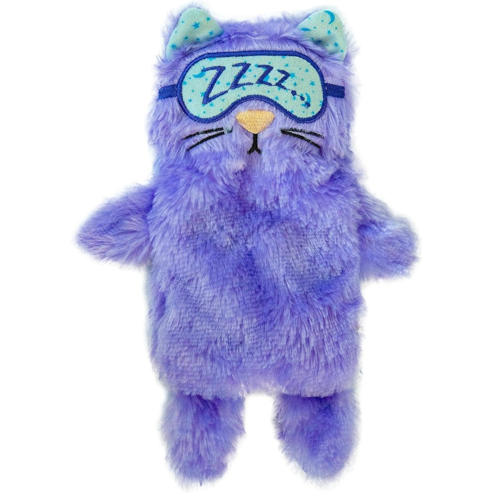 Catstages Purr Pillow front view showing violet plush cat toy with sleep mask design