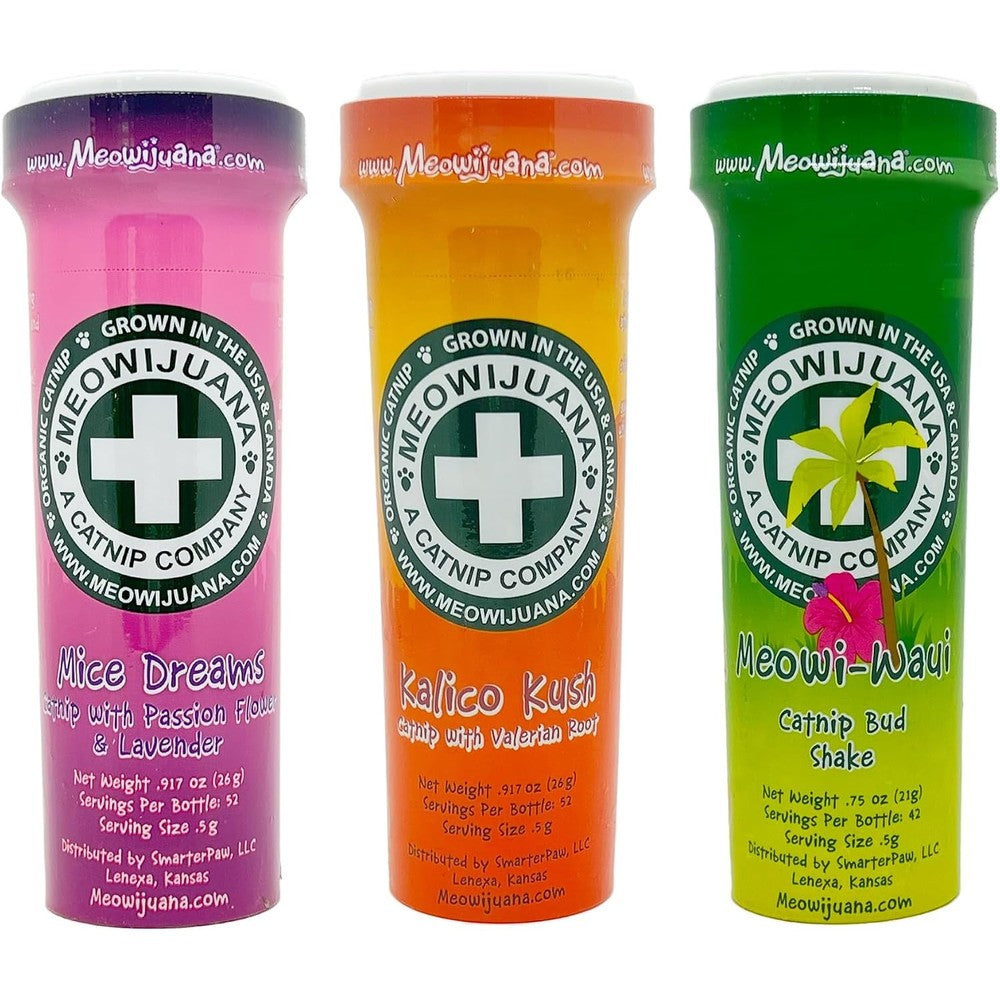 Meowijuana Catnip Blend Bundle Organic High Potency Cat Treats Featuring Kalico Kush Mice Dreams And Meowi Waui Three Bottle Pack