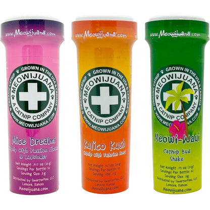 Meowijuana Catnip Blend Bundle Organic High Potency Cat Treats Featuring Kalico Kush Mice Dreams And Meowi Waui Three Bottle Pack