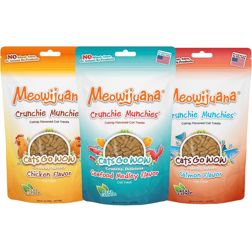 Meowijuana Crunchie Munchie Catnip Treats Salmon Seafood And Chicken Trio Low Calorie Cat Snack Three Ounce