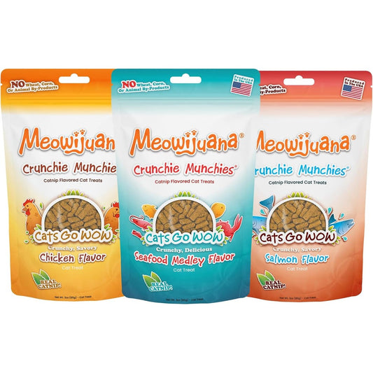 Meowijuana Crunchie Munchie Catnip Treats Salmon Seafood And Chicken Trio Low Calorie Cat Snack Three Ounce