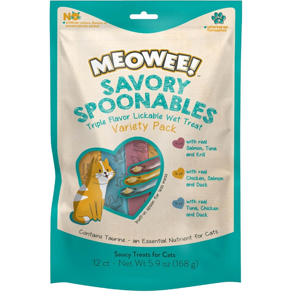 Meowee! Savory Spoonables Variety Pack 12 Count Tube Triple Flavor Squeezable Lickable Wet Treats For Cats With Built-In Spoon For Less Mess