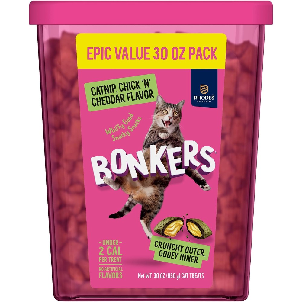 Bonkers Bites Catnip And Chick N Cheddar Flavor Crunchy And Soft Dual Textured Treats For Cats, Thirty Ounce Epic Value Tub