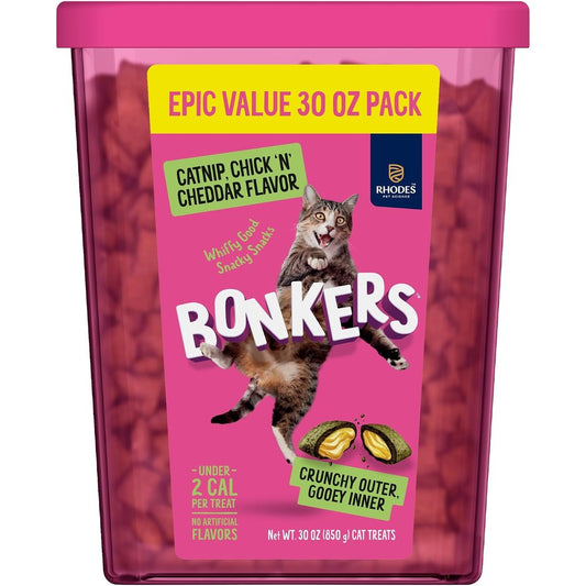 Bonkers Bites Catnip And Chick N Cheddar Flavor Crunchy And Soft Dual Textured Treats For Cats, Thirty Ounce Epic Value Tub