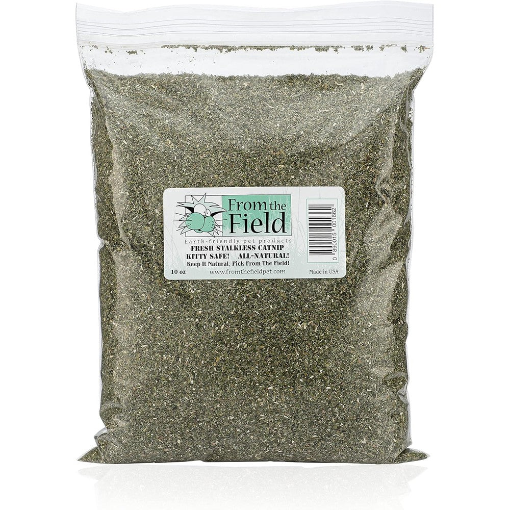 From The Field Fine Ground Stalkless Catnip Premium USA Grown Catnip For Toys And Playtime Fresh Potent Non Toxic Safe For Cats Ten Ounce Bag